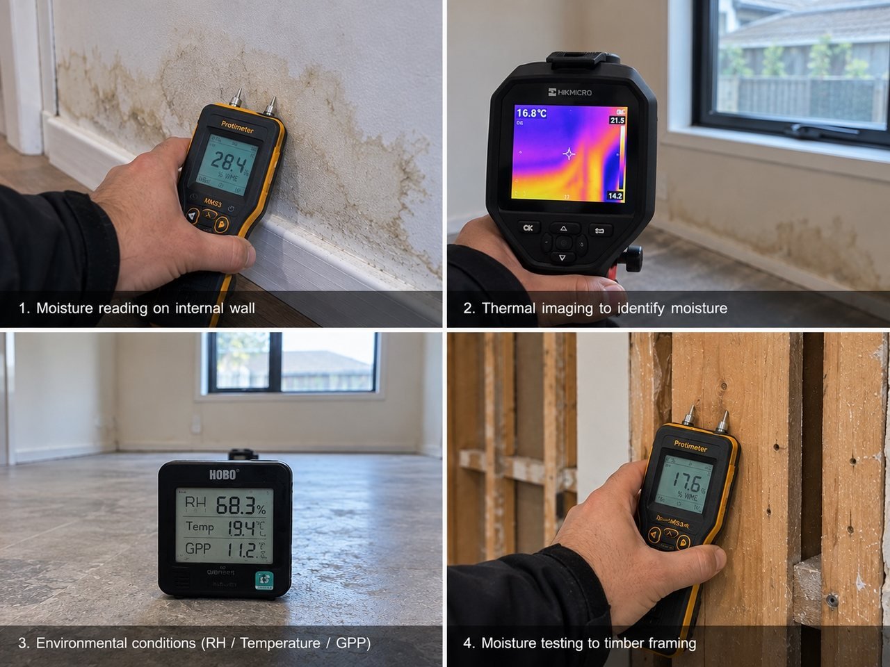 Four panels showing moisture reading, thermal imaging, environmental conditions and timber testing