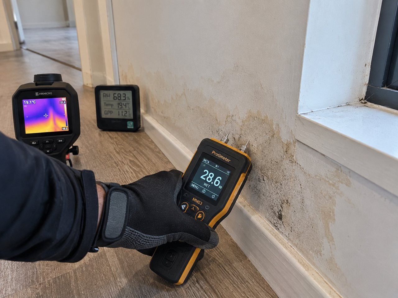 Moisture meter, thermal camera and data logger in use on a damp wall