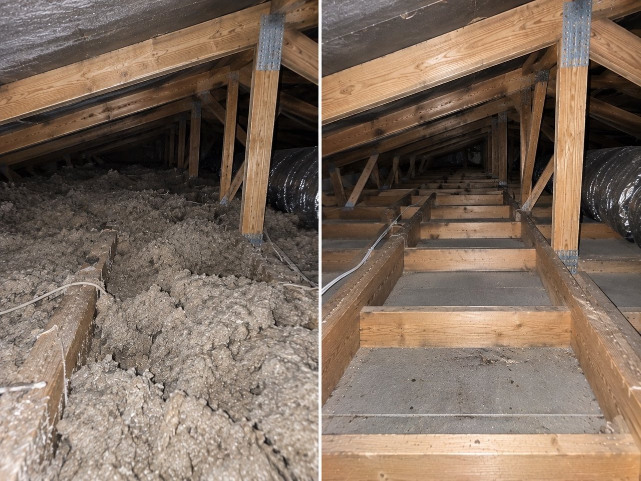 Roof space before and after a full insulation clear-out