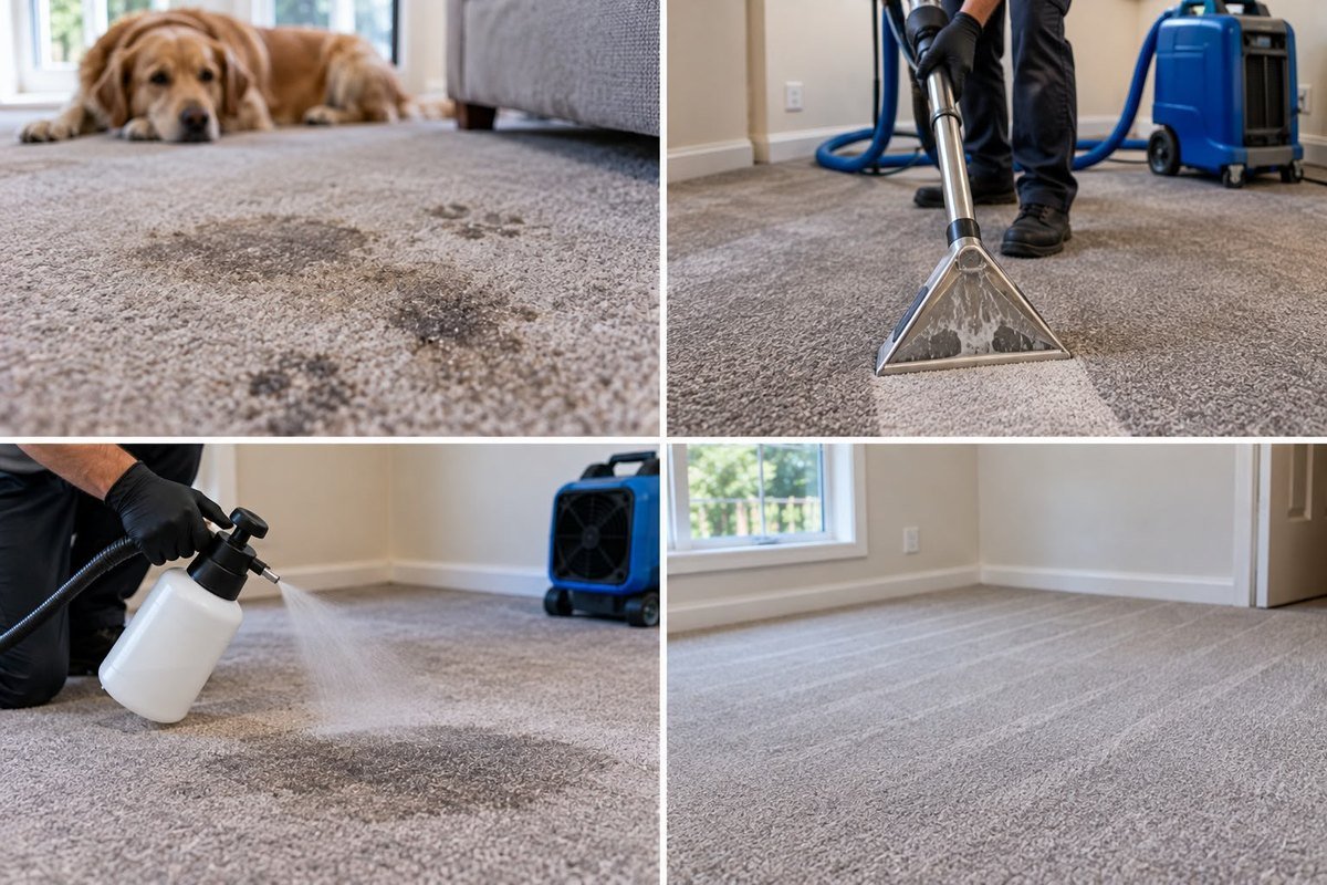 Pet-stained carpet, hot-water extraction, pre-spray and the cleaned room