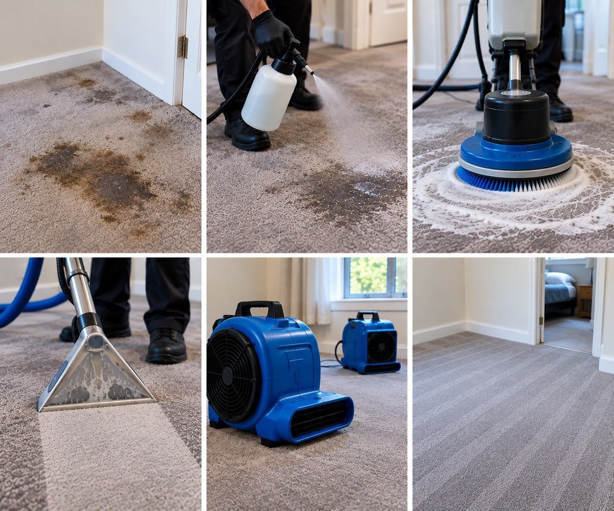 Soiled patterned carpet, rotary agitation, extraction, air movers and the finished carpet