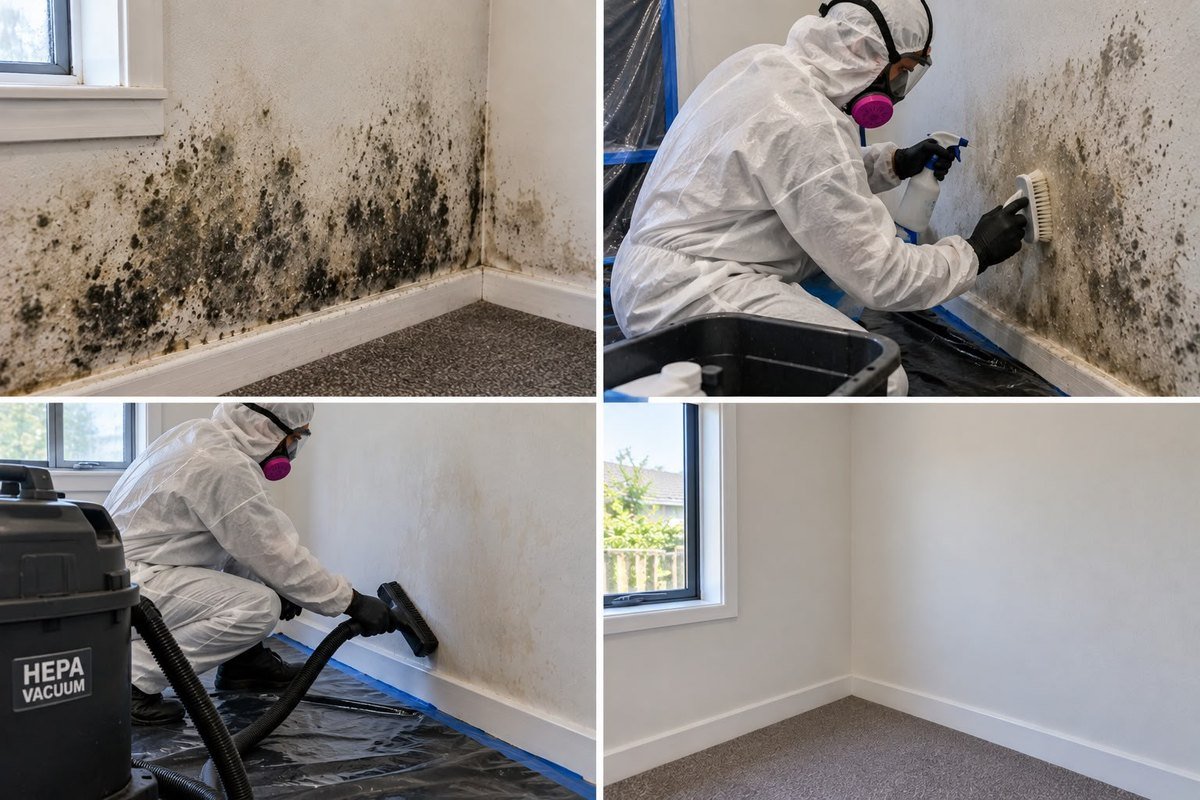 Mould-affected wall, technician treating it in PPE, HEPA vacuuming, and the finished room